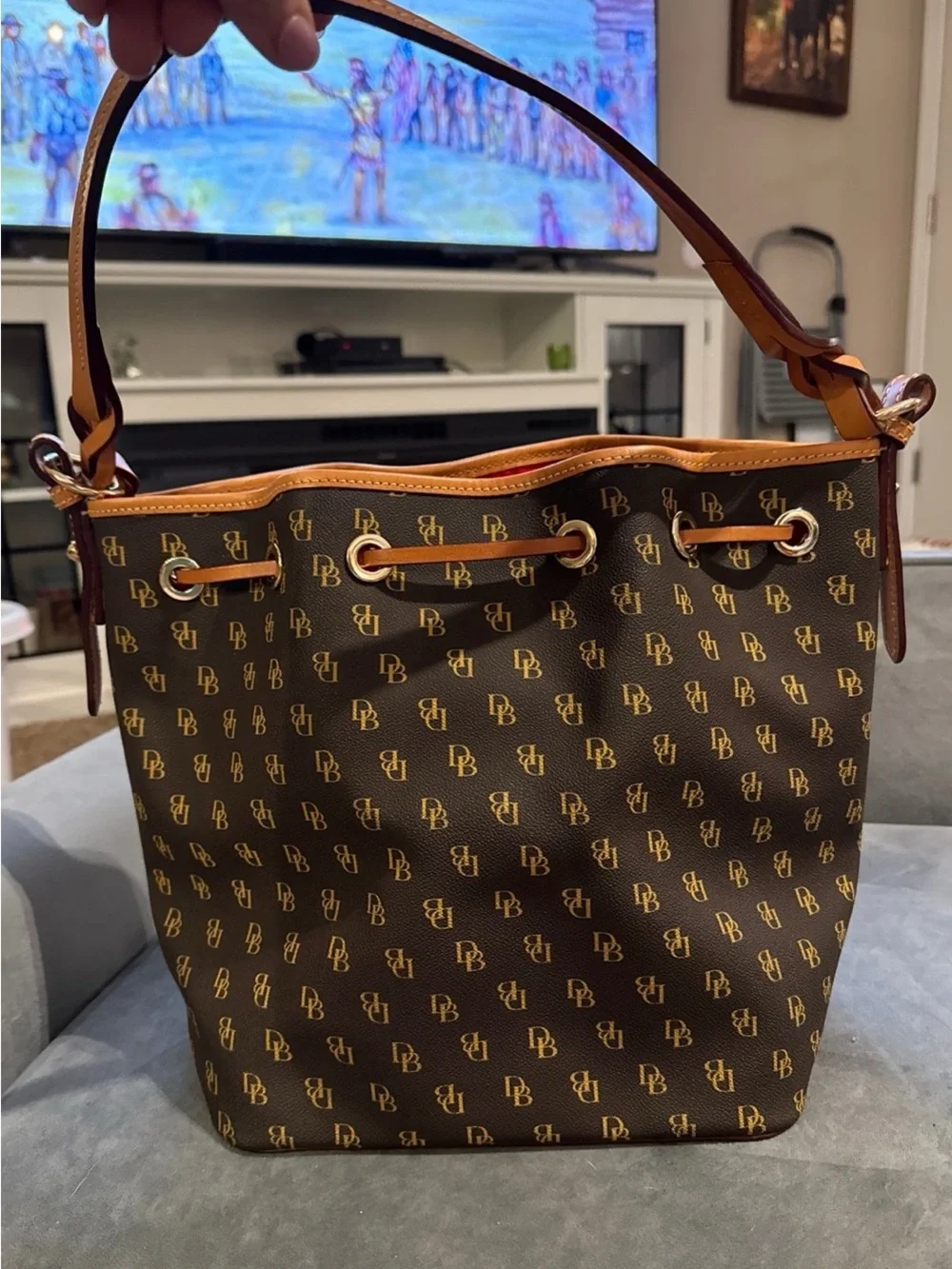 Dooney & Bourke Brown Monogram Drawstring Bucket Bag with Tan Trim